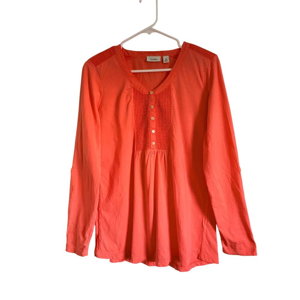 L.L Bean Smocked Henley Tunic Top Long Sleeves Coral Cotton Medium Coastal